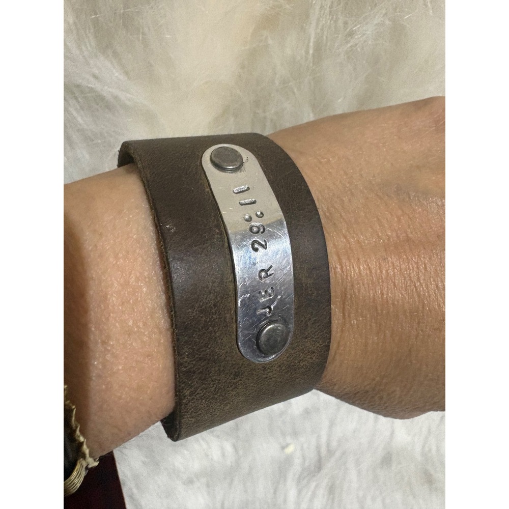 Mens Leather Cuff Bracelet JER 29: 11 Scripture Engraved Silver Tone Plate Snap